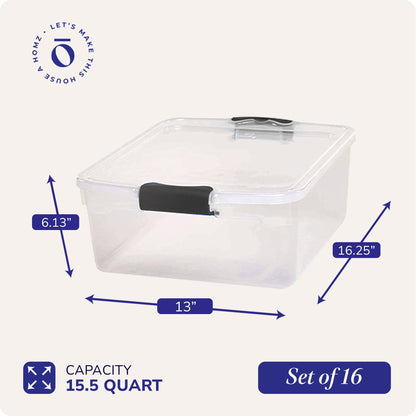 Homz 15.5 Qt Plastic Stackable Storage Container w/Lid, Gray Latch (16 Pack)