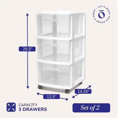 Homz Plastic 3 Drawer Medium Storage Tower, Clear Drawers/White Frame (2 Pack)