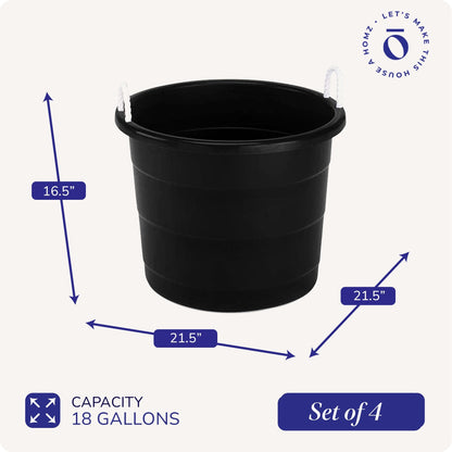 Homz 18 Gallon Plastic Utility Storage Bucket Tub w/ Rope Handles, Black, 4 Pack