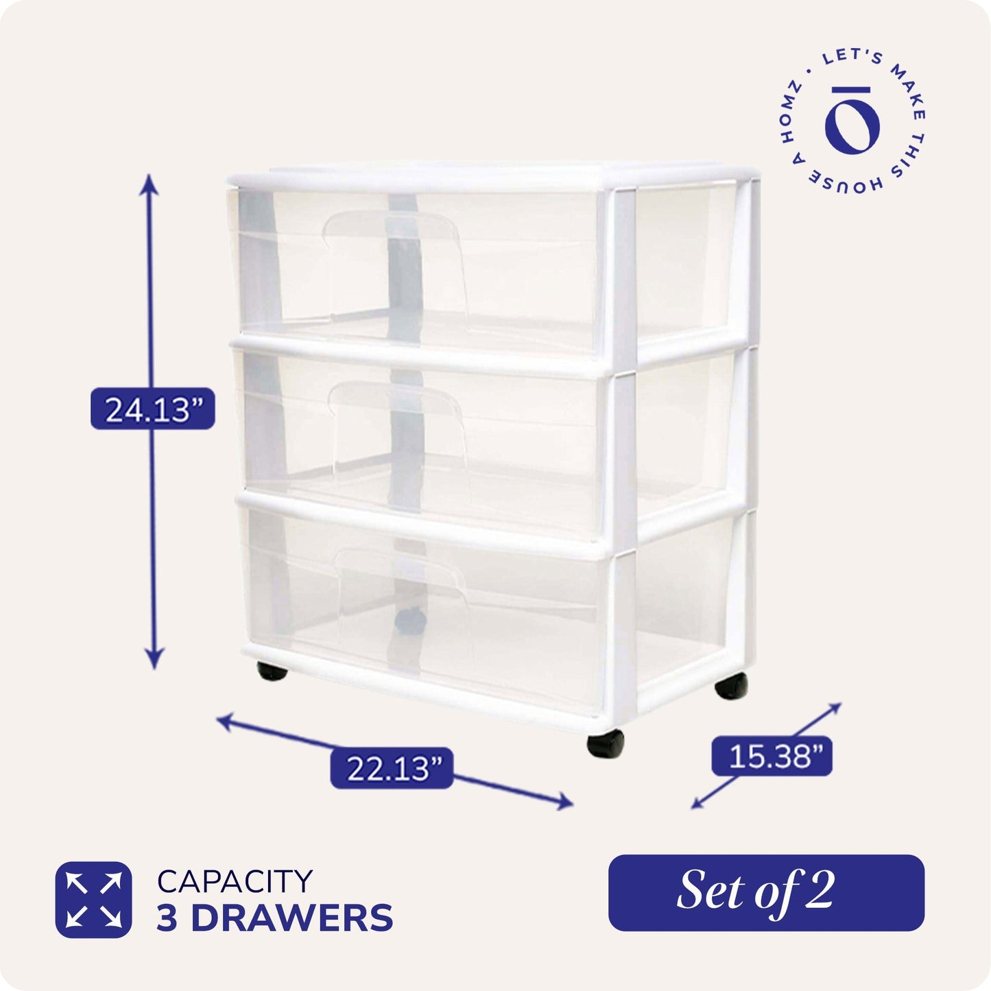 Homz Plastic 3 Clear Drawer Small Rolling Storage Container Tower, White, 2 Pack