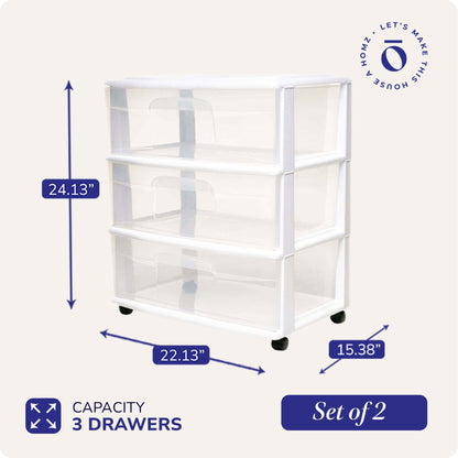 Homz Plastic 3 Clear Drawer Small Rolling Storage Container Tower, White, 2 Pack