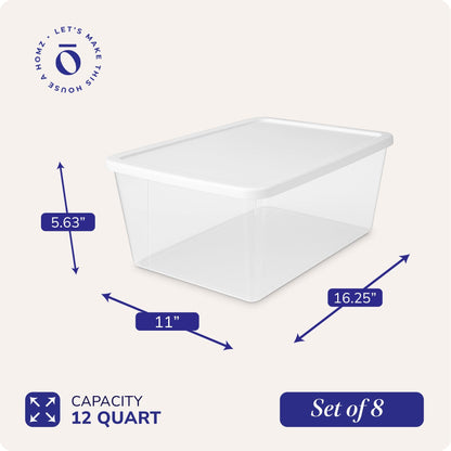 Homz 12 Qt Snaplock Clear Plastic Storage Container Bin with Secure Lid (8 Pack)