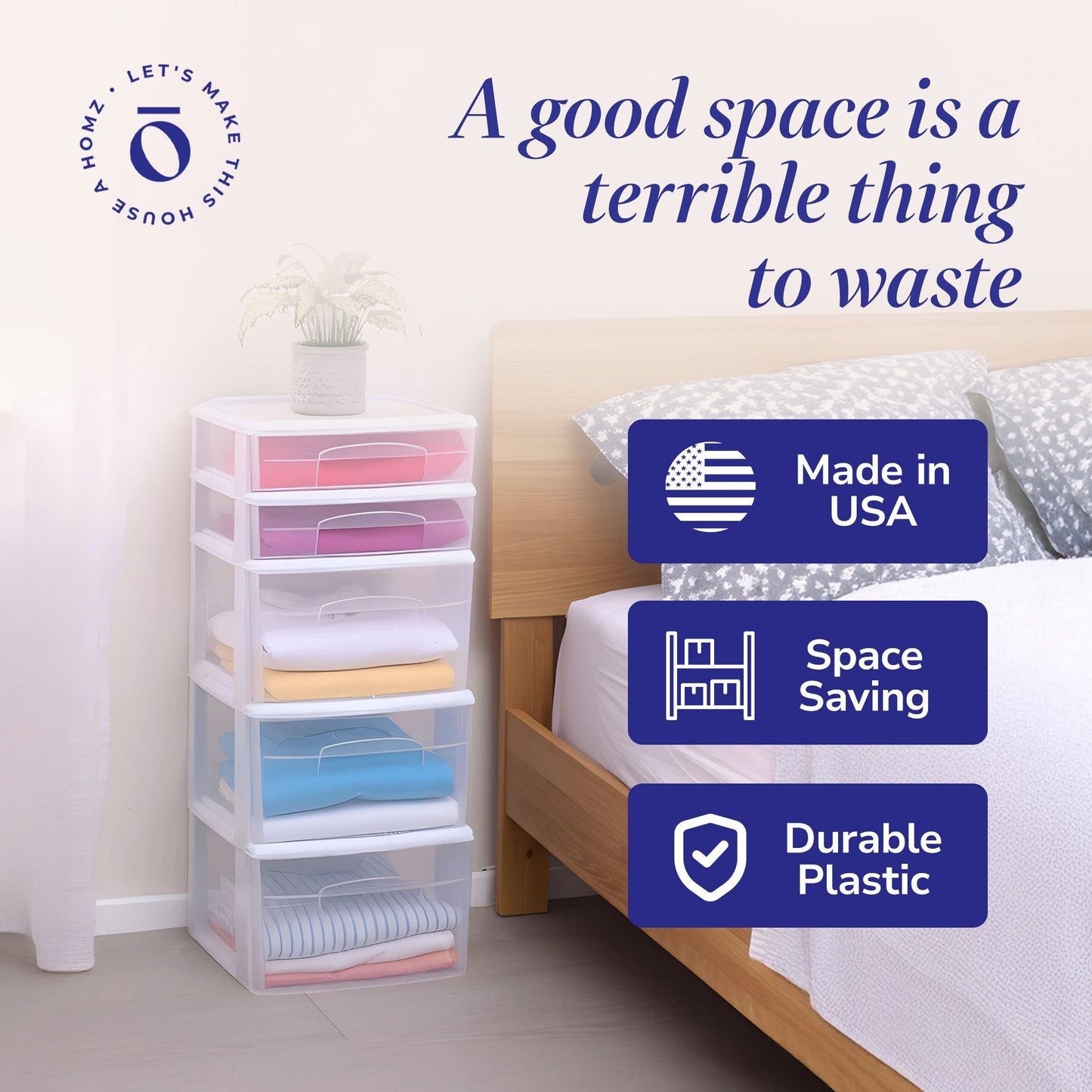 Homz Plastic 5 Drawer Medium Home Storage Cart, White Frame with Clear Drawer