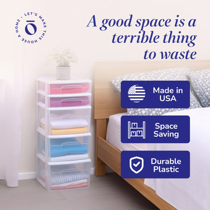 Homz Plastic 5 Drawer Medium Home Storage Cart, White Frame with Clear Drawer