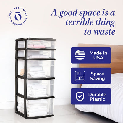 Homz Plastic 5 Drawer Home Storage Container TowerCloset Organizer, Black Frame