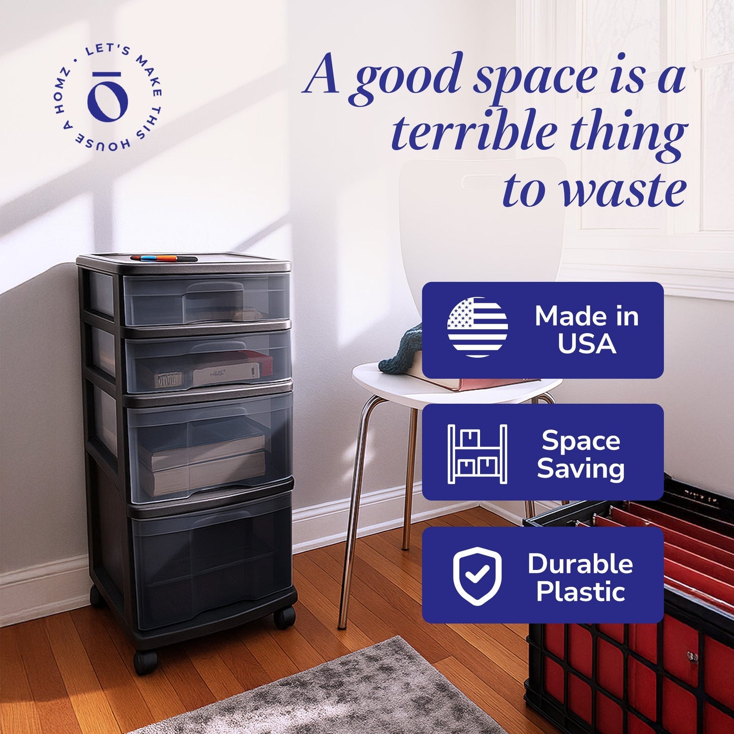 Homz Tall Solid Plastic 4 Drawer Medium Storage Cart with Wheels, Black (2 Pack)