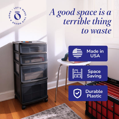 Homz Tall Solid Plastic 4 Drawer Medium Storage Cart with Wheels, Black (2 Pack)