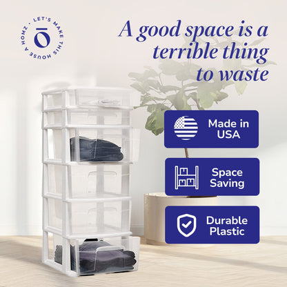 Homz Plastic 6 Clear Drawer Medium Home Storage Container Tower, White Frame