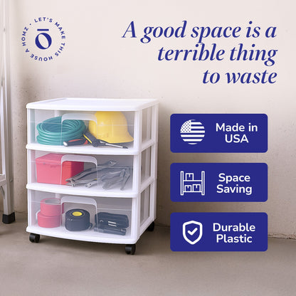 Homz Plastic 3 Clear Drawer Small Rolling Storage Container Tower, White, 2 Pack