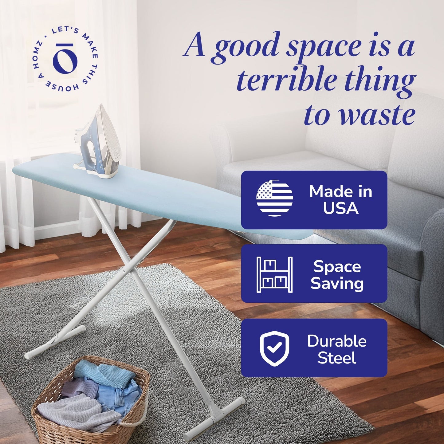 Homz T-Leg Foldable Adjustable Ironing Board w/ Foam Pad & Cotton Cover, Blue