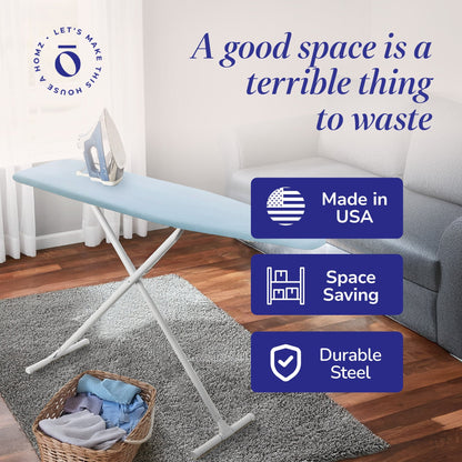 Homz T-Leg Foldable Adjustable Ironing Board w/ Foam Pad & Cotton Cover, Blue