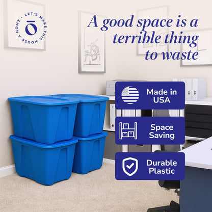 Homz 32 Gallon Standard Plastic Storage Container with Secure Lid, Blue, 4 Pack