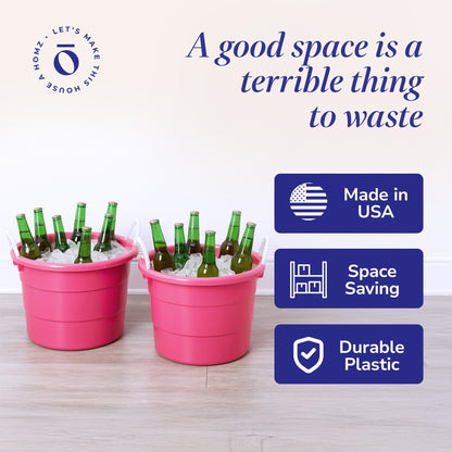 Homz Plastic 18 Gallon Utility Bucket Tub Container with Handles, Pink (2 Pack)