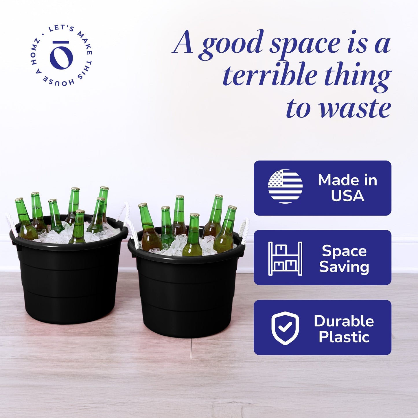 Homz 18 Gallon Plastic Utility Storage Bucket Tub w/ Rope Handles, Black, 6 Pack