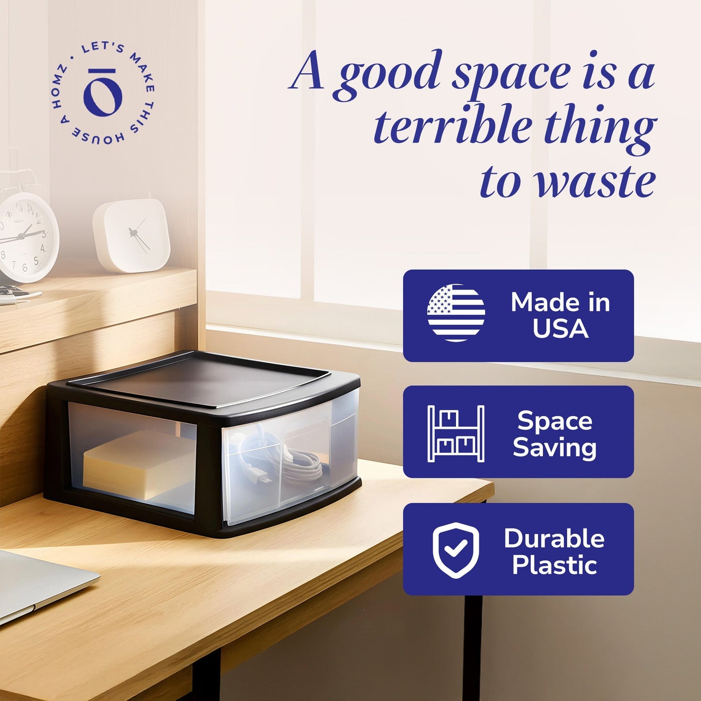 Homz Plastic 1 Drawer Wide Storage Cart, Black Frame with Clear Drawer, 2 Pack