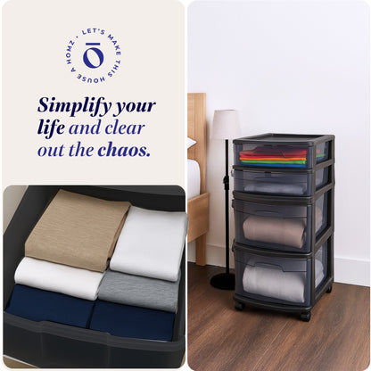 Homz Tall Solid Plastic 4 Drawer Medium Storage Cart with Wheels, Black (2 Pack)