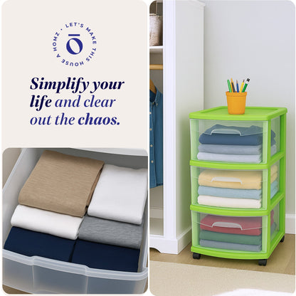 Homz Plastic 3 Drawer Medium Storage Container Tower, Clear Drawers/Lime Frame