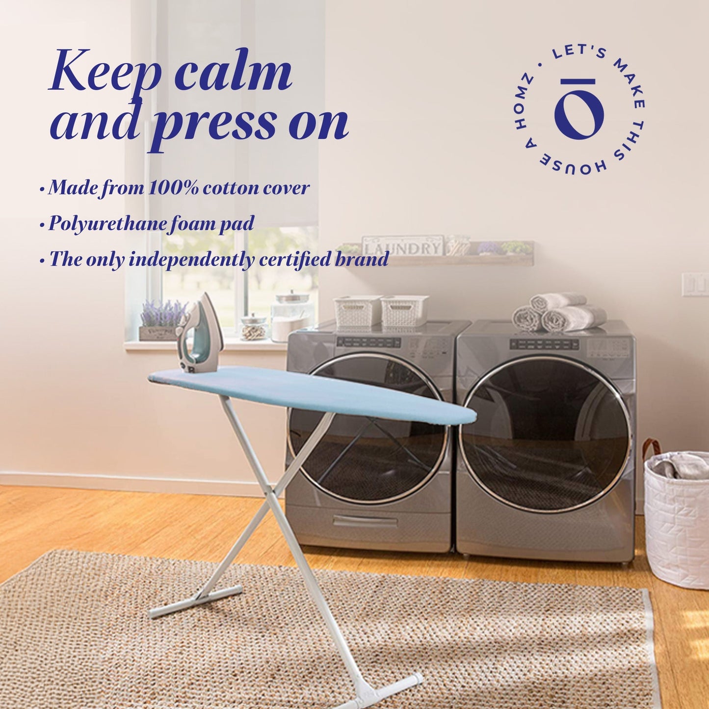 Homz T-Leg Foldable Adjustable Ironing Board w/ Foam Pad & Cotton Cover, Blue