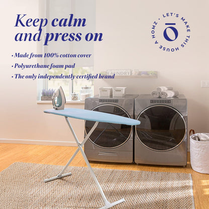 Homz T-Leg Foldable Adjustable Ironing Board w/ Foam Pad & Cotton Cover, Blue