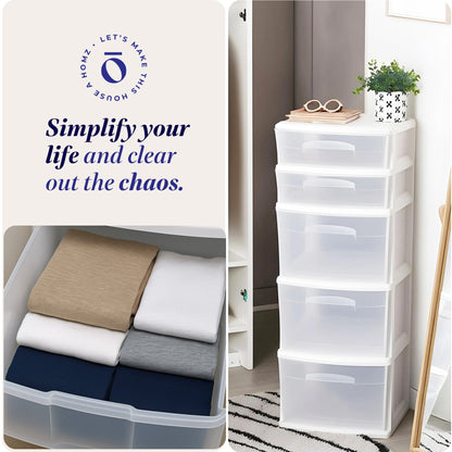 Homz Plastic 5 Drawer Medium Home Storage Cart, White Frame with Clear Drawer