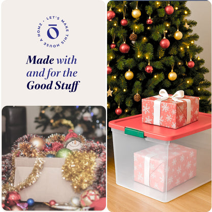 Homz 64 Qt Secure Latch Clear Plastic Storage Container Bin w/ Red Lid, 4 Pack