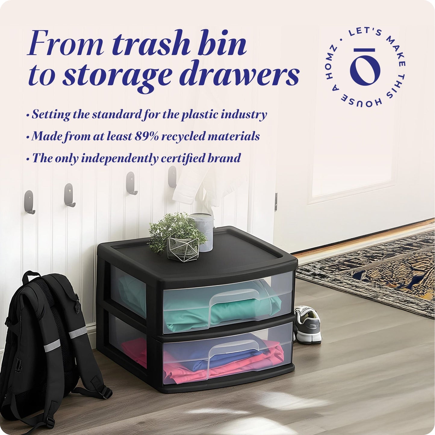 Homz Plastic 2 Drawer Medium Storage Cart, Black Frame with Clear Drawer, 2 Pack