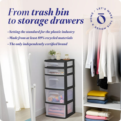 Homz Plastic 5 Drawer Storage Container Tower Closet Organizer, Black, 2 Pack