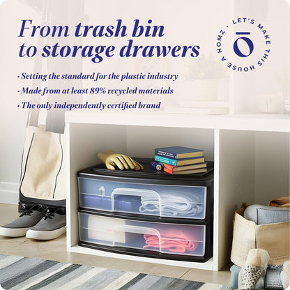 Homz Plastic 2 Drawer Wide Storage Cart, Black Frame with Clear Drawer, 2 Pack