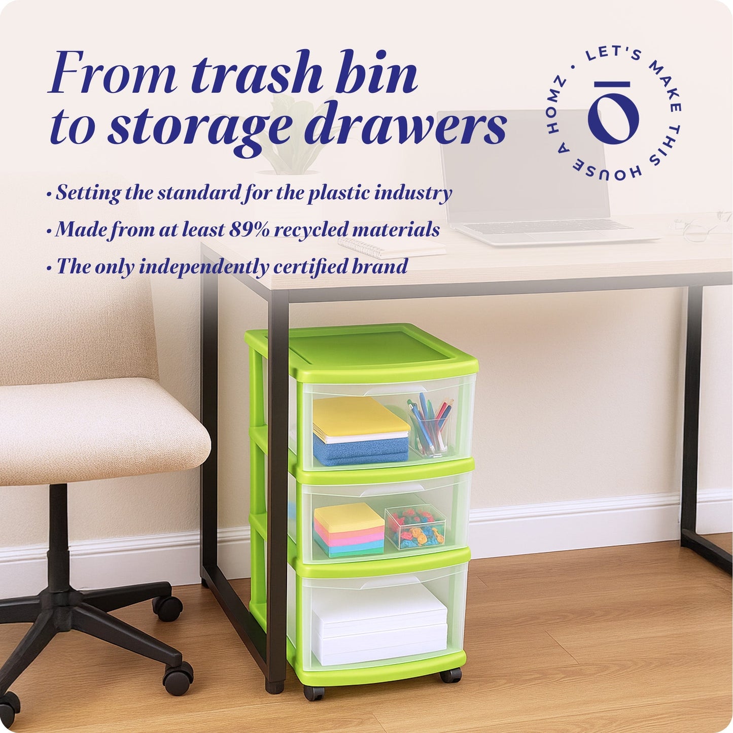 Homz Plastic 3 Drawer Medium Storage Container Tower, Clear Drawers/Lime Frame