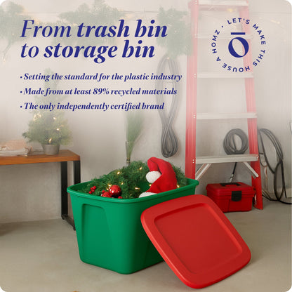 HOMZ 18 Gallon Heavy Duty Plastic Holiday Storage Totes, Green/Red (4 Pack)