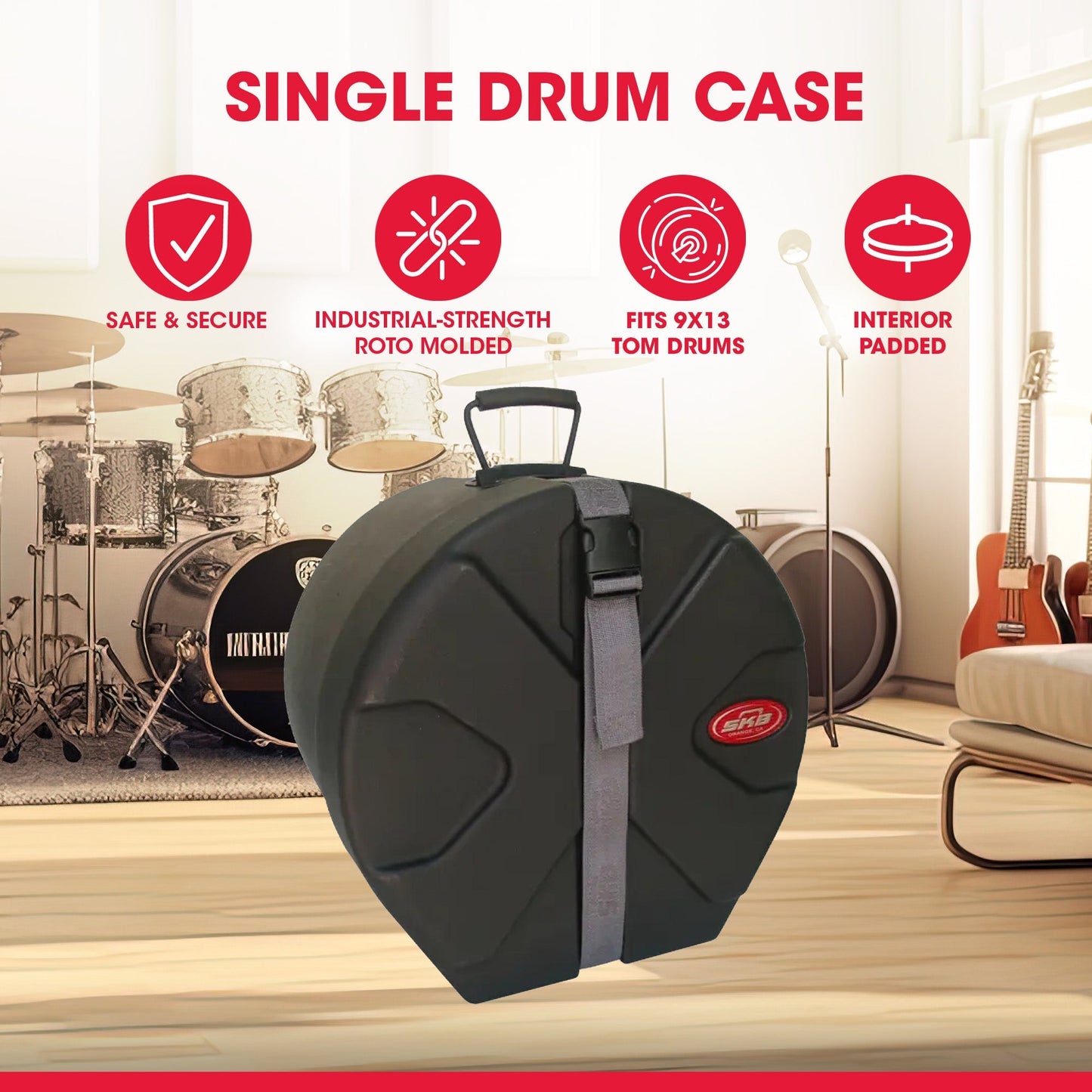SKB 9" x 13" Tom Case with Padded Interior and D-Shaped Drum Design, Black