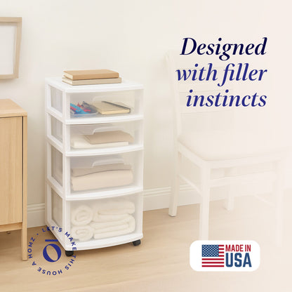 Homz Clear Plastic 4 Drawer Medium Home Storage Container Tower, White Frame