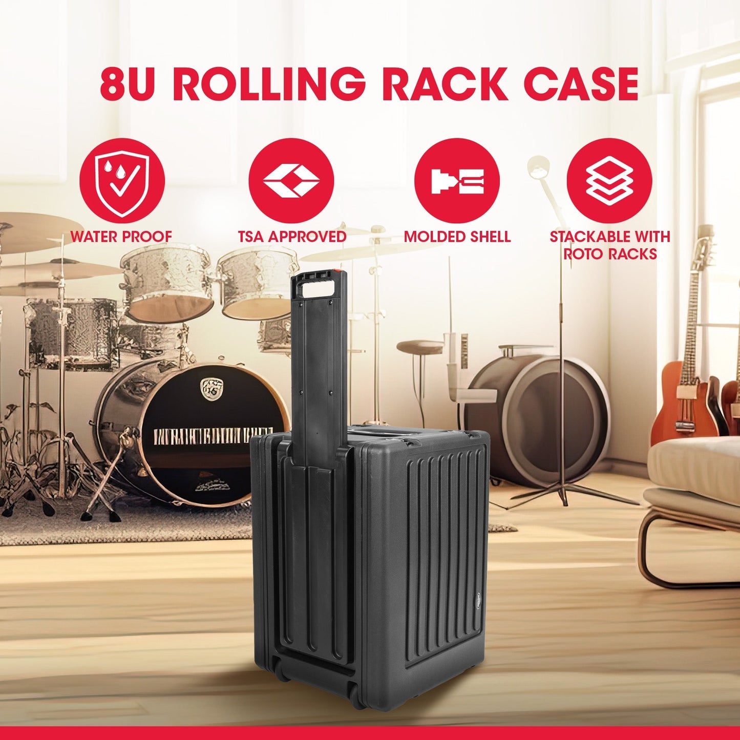 SKB 8U rSeries Shallow Rolling Rack with Integrated Back Wheels and Pull Handle