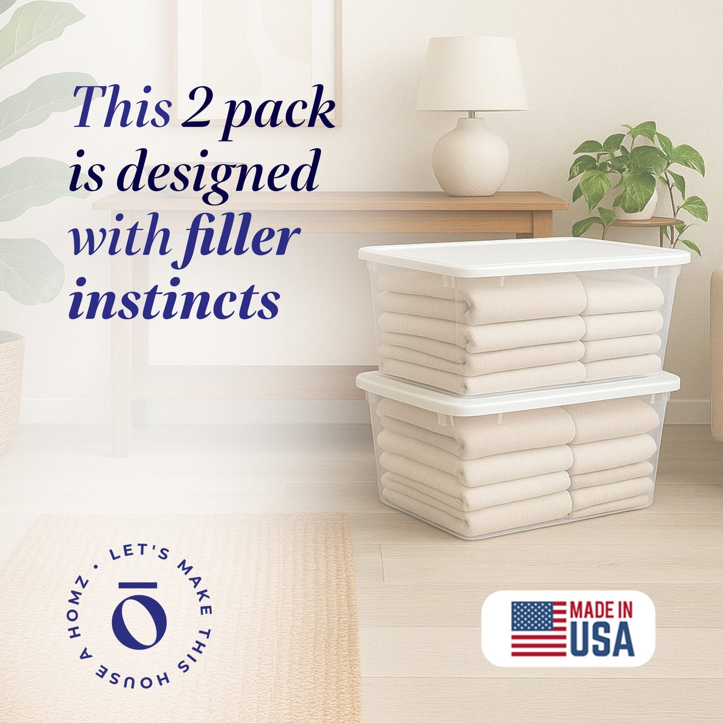 Homz 56 Qt Stackable Plastic Storage Container with Snaplock Lid, Blue (2 Pack)