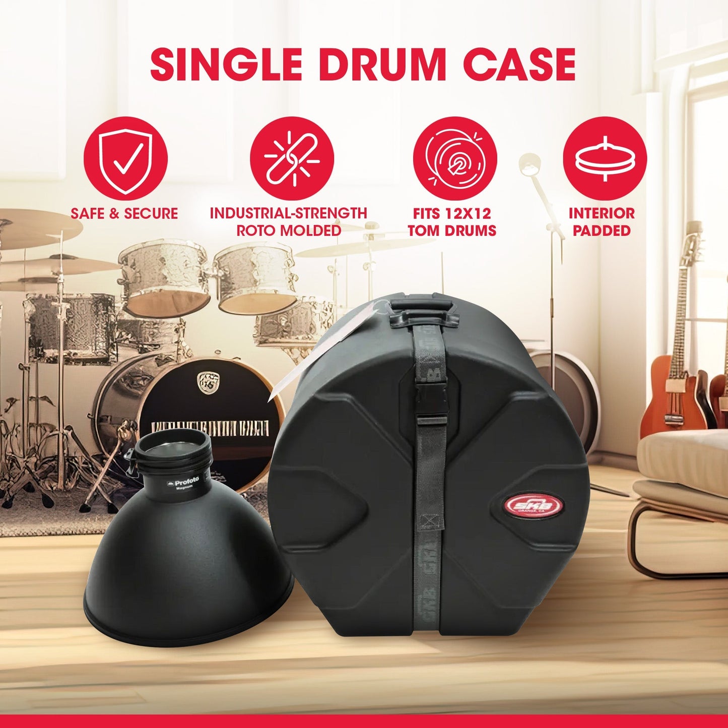 SKB 12" x 12" Tom Case with Padded Interior and D-Shaped Drum Design, Black