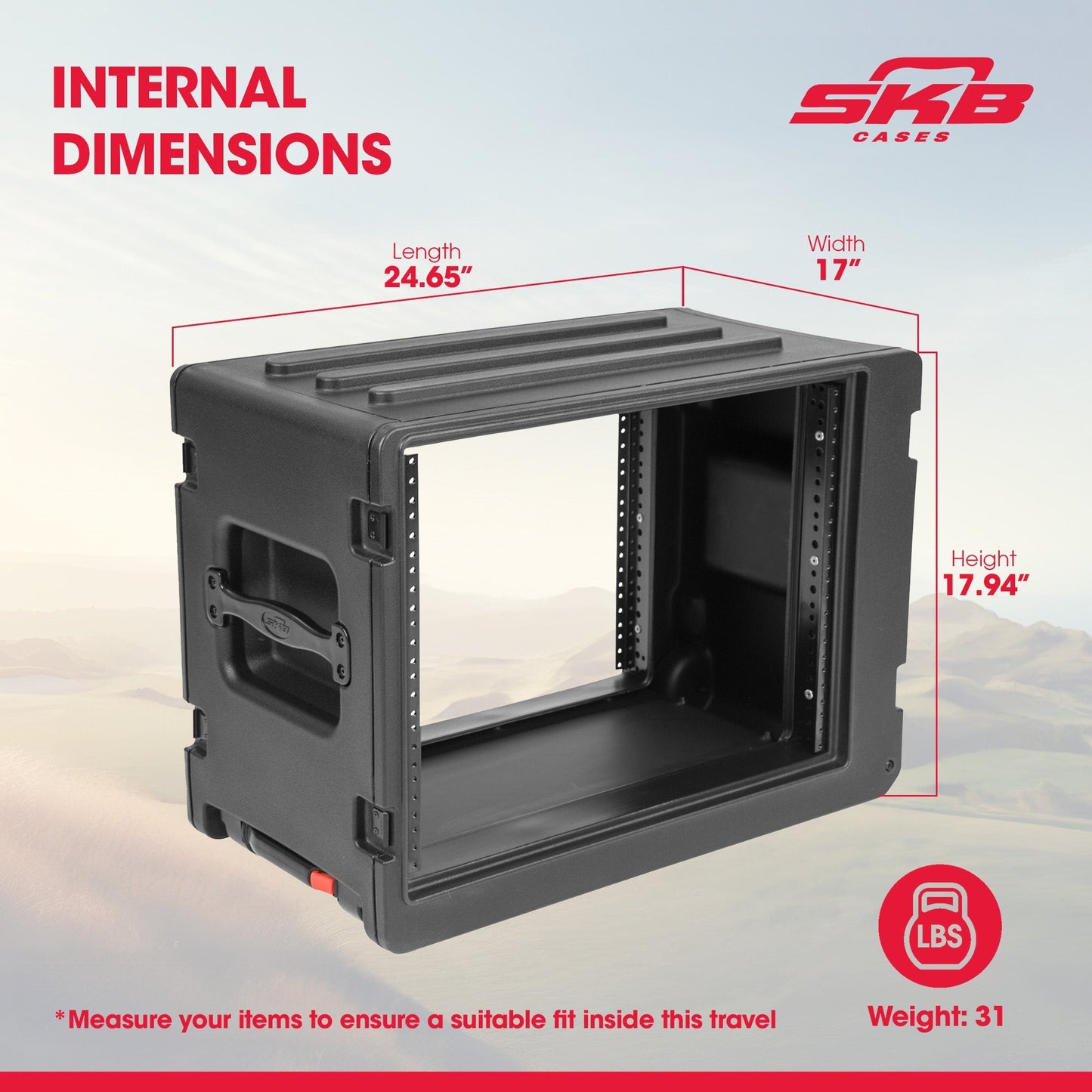 SKB 8U rSeries Shallow Rolling Rack with Integrated Back Wheels and Pull Handle