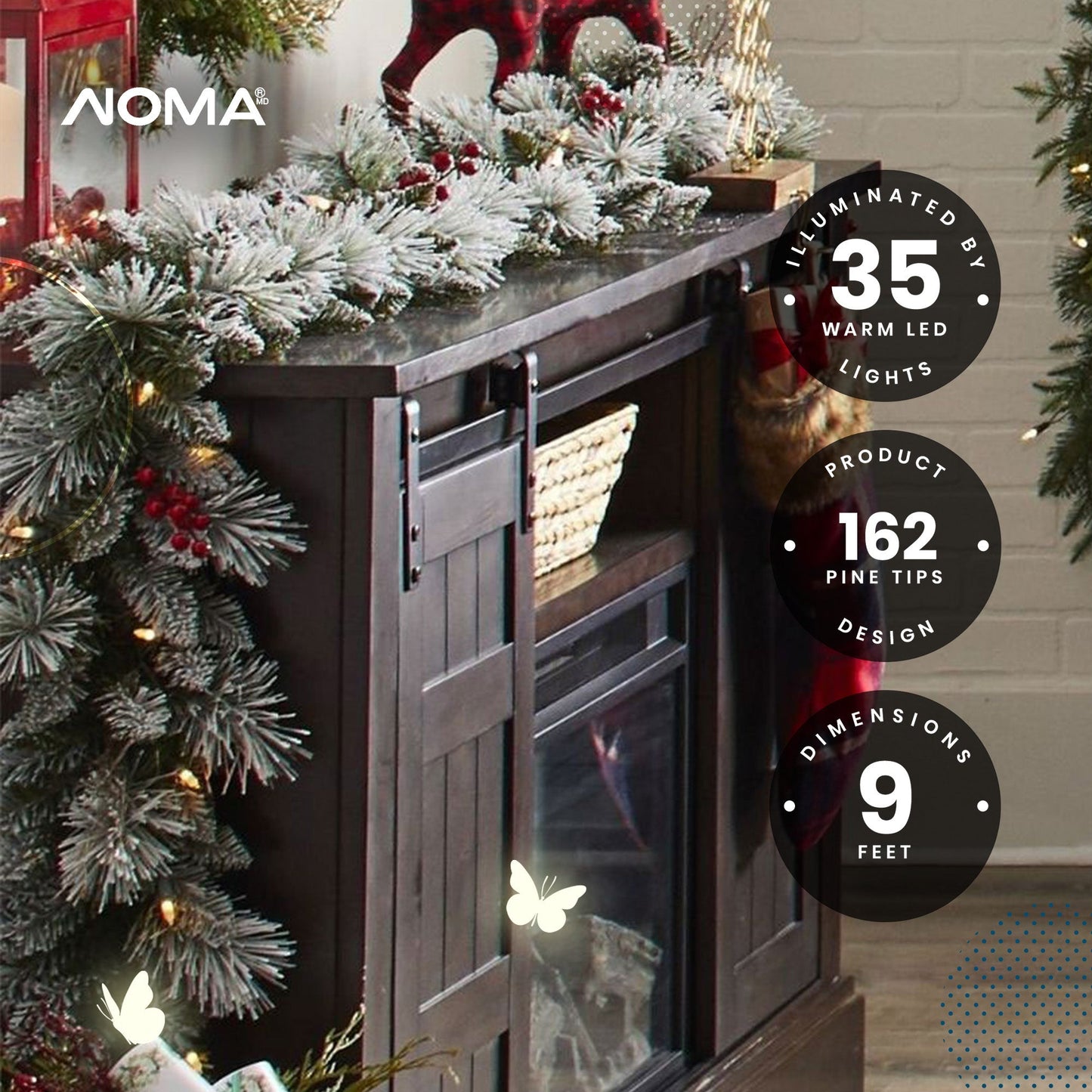 NOMA Snow Dusted Pre Lit Artificial Christmas Wreath with Berry Holiday Garland