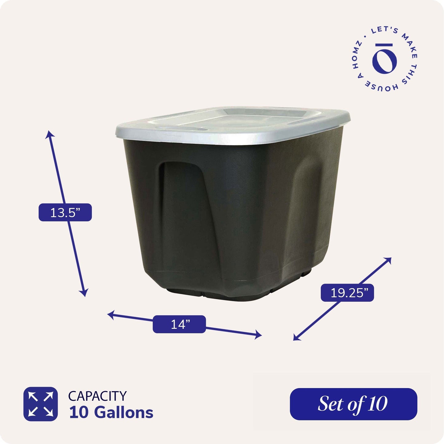 Homz 6610BKTS.10 10 Gallon Durable Molded Plastic Storage Bin w/ Lid (10 Pack)