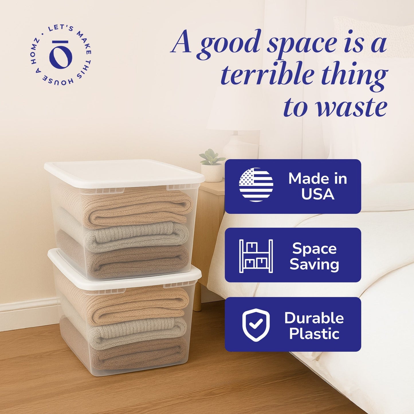 Homz 56 Qt Stackable Plastic Storage Container with Snaplock Lid, Blue (2 Pack)