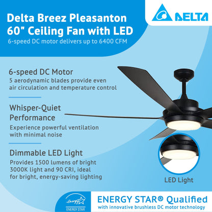 Delta Breez Pleasanton 60" Ceiling Fan with LED, Remote, Indoor/Outdoor, Black