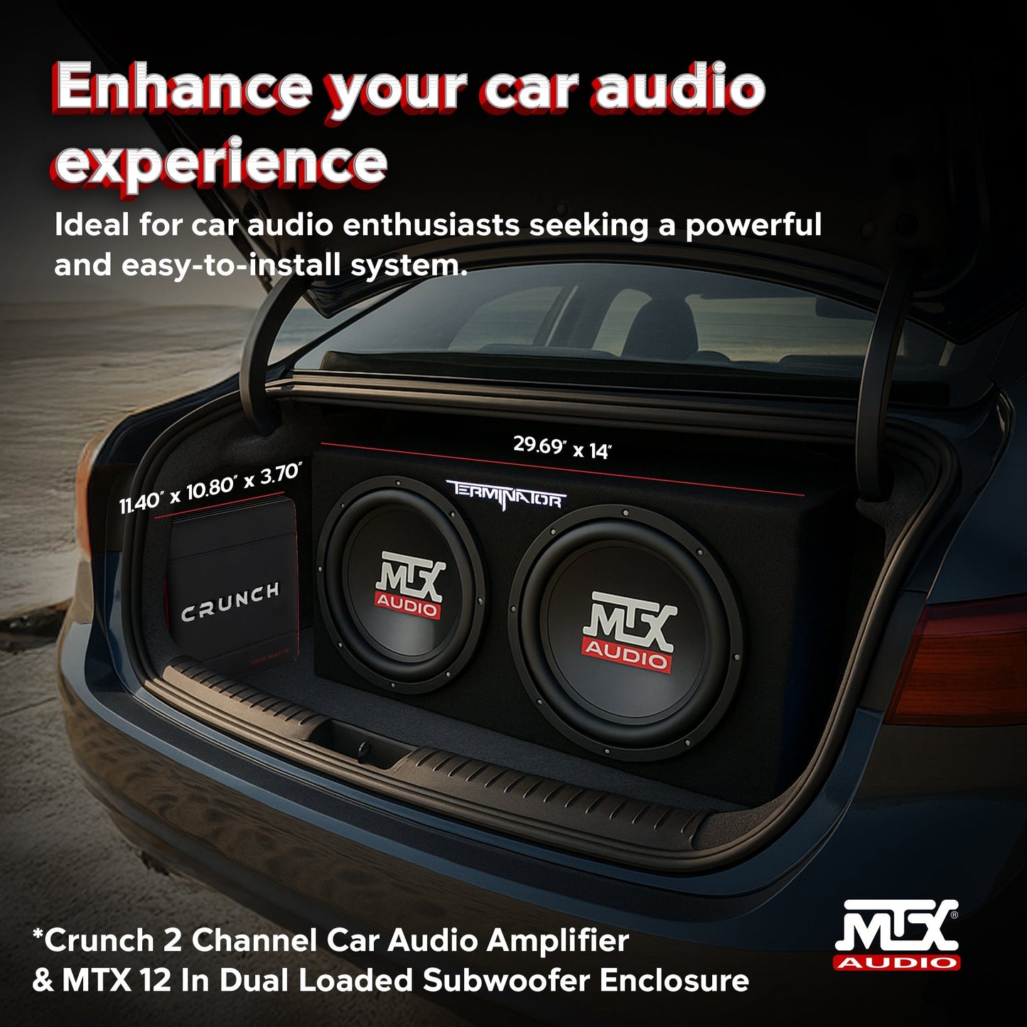 Crunch 2 Channel Car Audio Amplifier & MTX 12 In Dual Loaded Subwoofer Enclosure - Find Fresh Goods