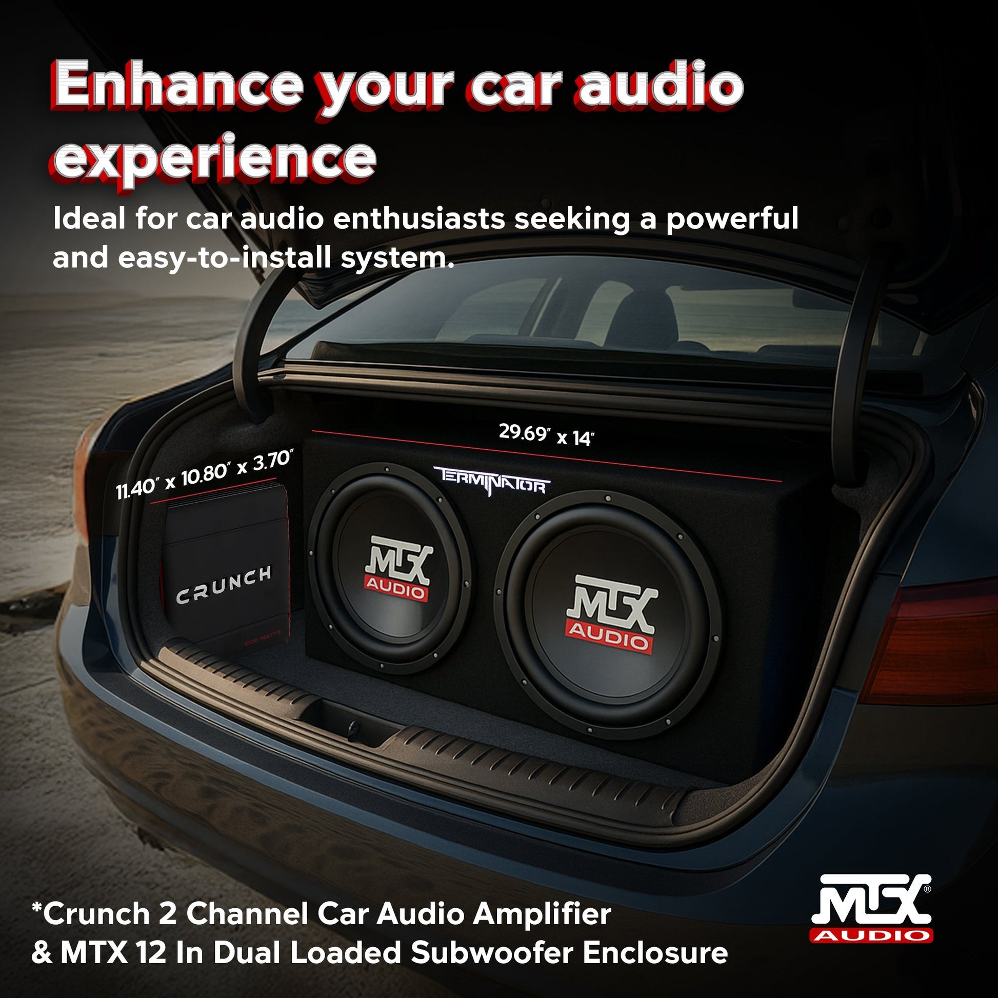 Crunch 2 Channel Car Audio Amplifier & MTX 12 In Dual Loaded Subwoofer Enclosure - Find Fresh Goods
