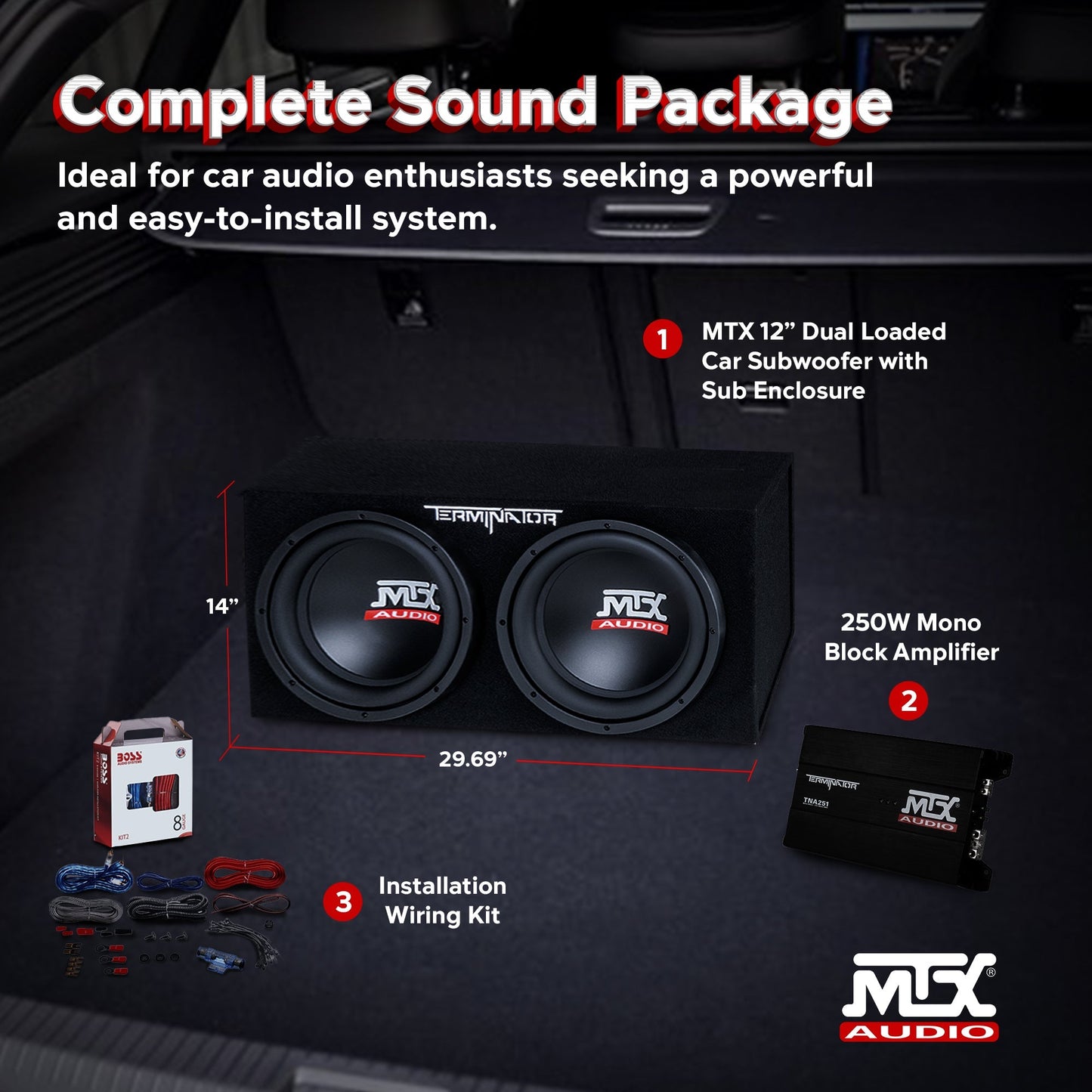 MTX 12 Inch Dual Car Subwoofer Audio, Sub Box, & Amplifier Bundle w/ Wiring Kit - Find Fresh Goods