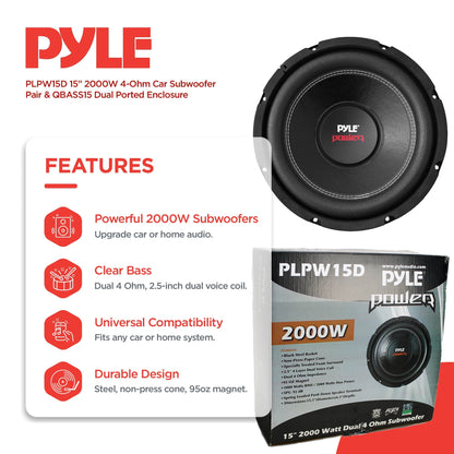 Pyle PLPW15D 15" 2000W 4-Ohm Car Subwoofer Pair & QBASS15 Dual Ported Enclosure - Find Fresh Goods