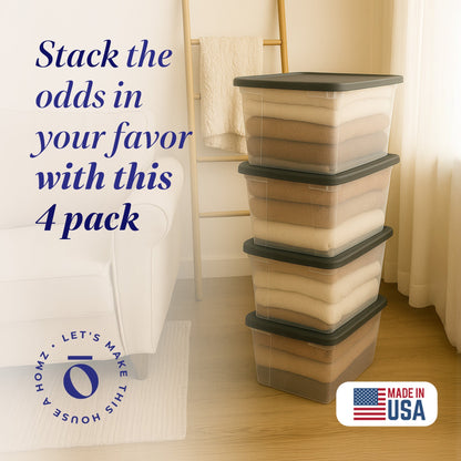 Homz 56 Qt Stackable Plastic Storage Container w/Snaplock Lid, Gray (4 Pack)