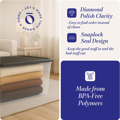 Homz 56 Qt Stackable Plastic Storage Container w/Snaplock Lid, Gray (4 Pack)