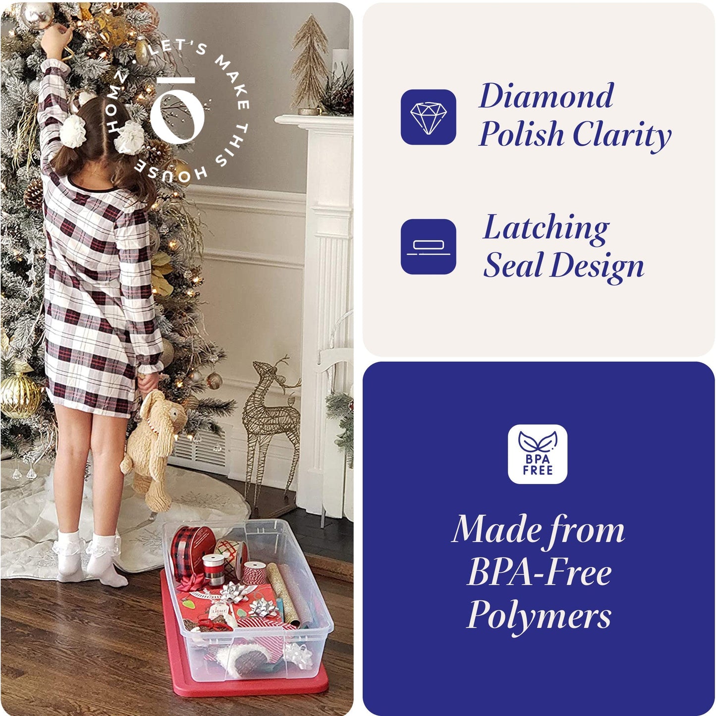 Homz 41Qt Clear Plastic Holiday Storage Container w/Red Snap Lock Lid (4 Pack)