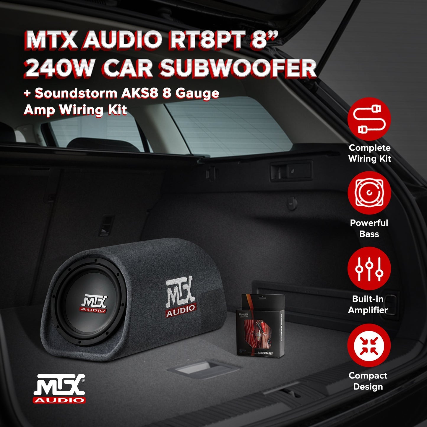 MTX AUDIO RT8PT 8" 240W Car Subwoofer & Soundstorm AKS8 8 Gauge Amp Wiring Kit - Find Fresh Goods