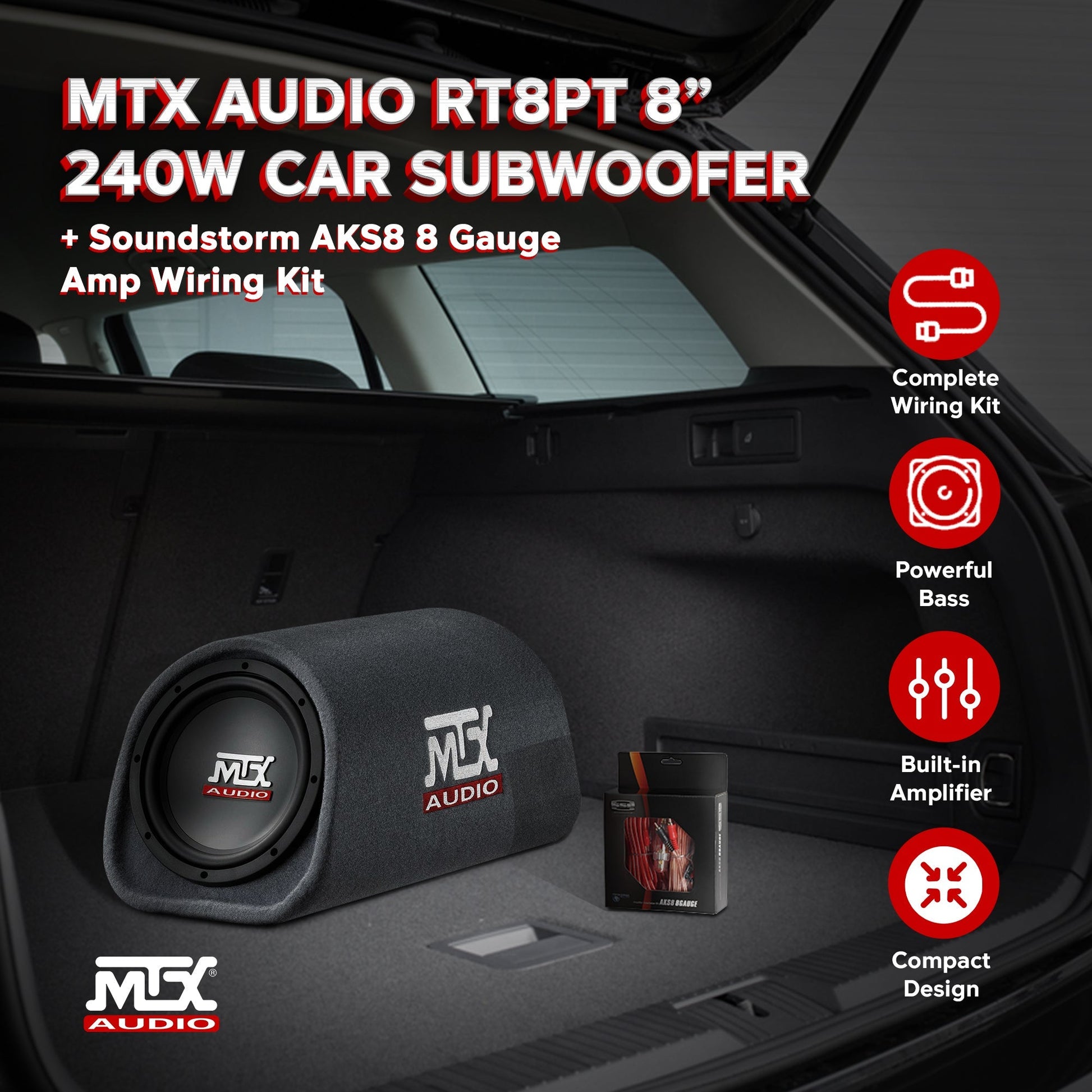 MTX AUDIO RT8PT 8" 240W Car Subwoofer & Soundstorm AKS8 8 Gauge Amp Wiring Kit - Find Fresh Goods