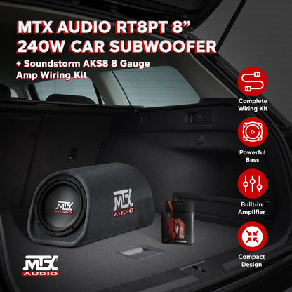 MTX AUDIO RT8PT 8" 240W Car Subwoofer & Soundstorm AKS8 8 Gauge Amp Wiring Kit - Find Fresh Goods